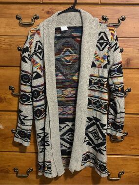 Shawl-Collar Aztec Open-Front Cardigan Sweater - Gray Multi